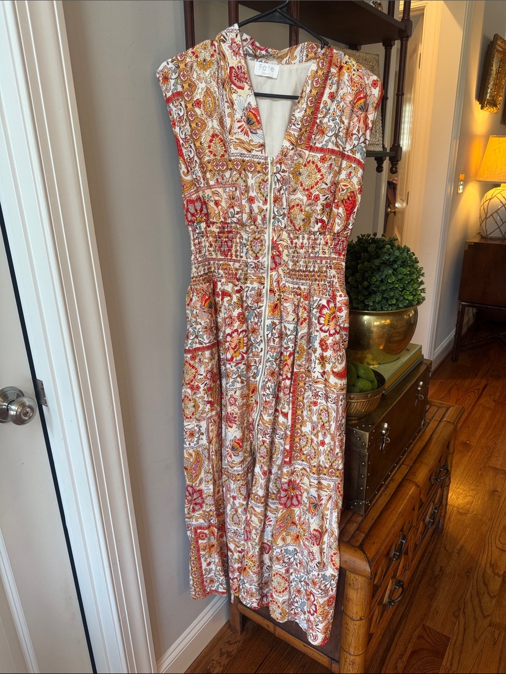 Fate Maxi Dress in Red, Cream & Gold Paisley zip down